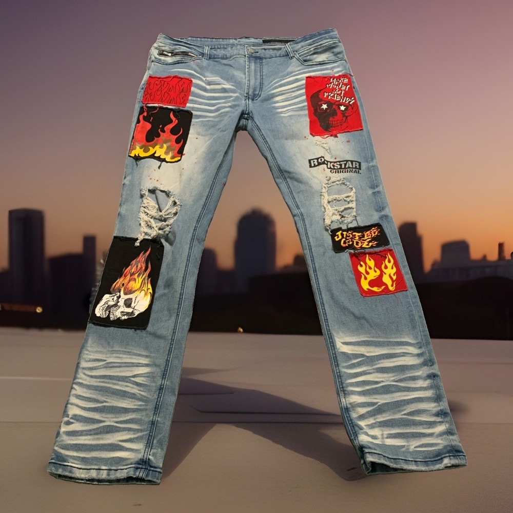 Rockstar Original Jeans Mens 40x34 RSM200 URI Blue Slim Distressed Graphic Patch